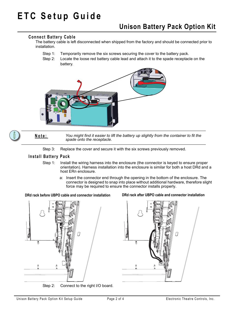 Connect battery cable, Install battery pack, Unison battery pack option kit | ETC Unison BatteryPack Option Kit User Manual | Page 2 / 4