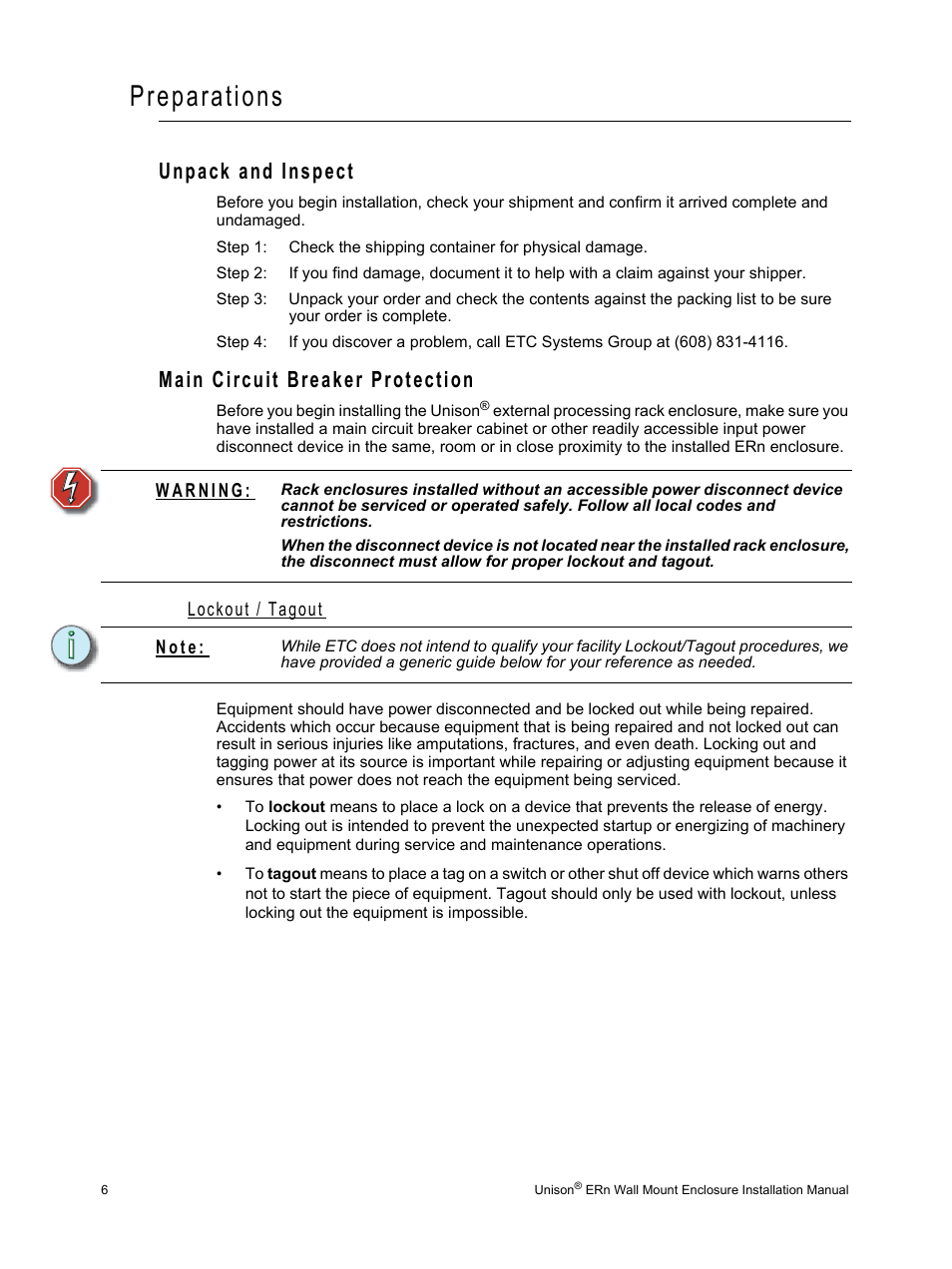 Preparations, Unpack and inspect, Main circuit breaker protection | Lockout / tagout, Unpack and inspect main circuit breaker protection, N o t e | ETC Unison ERn Wall-mount Control Enclosure User Manual | Page 10 / 44