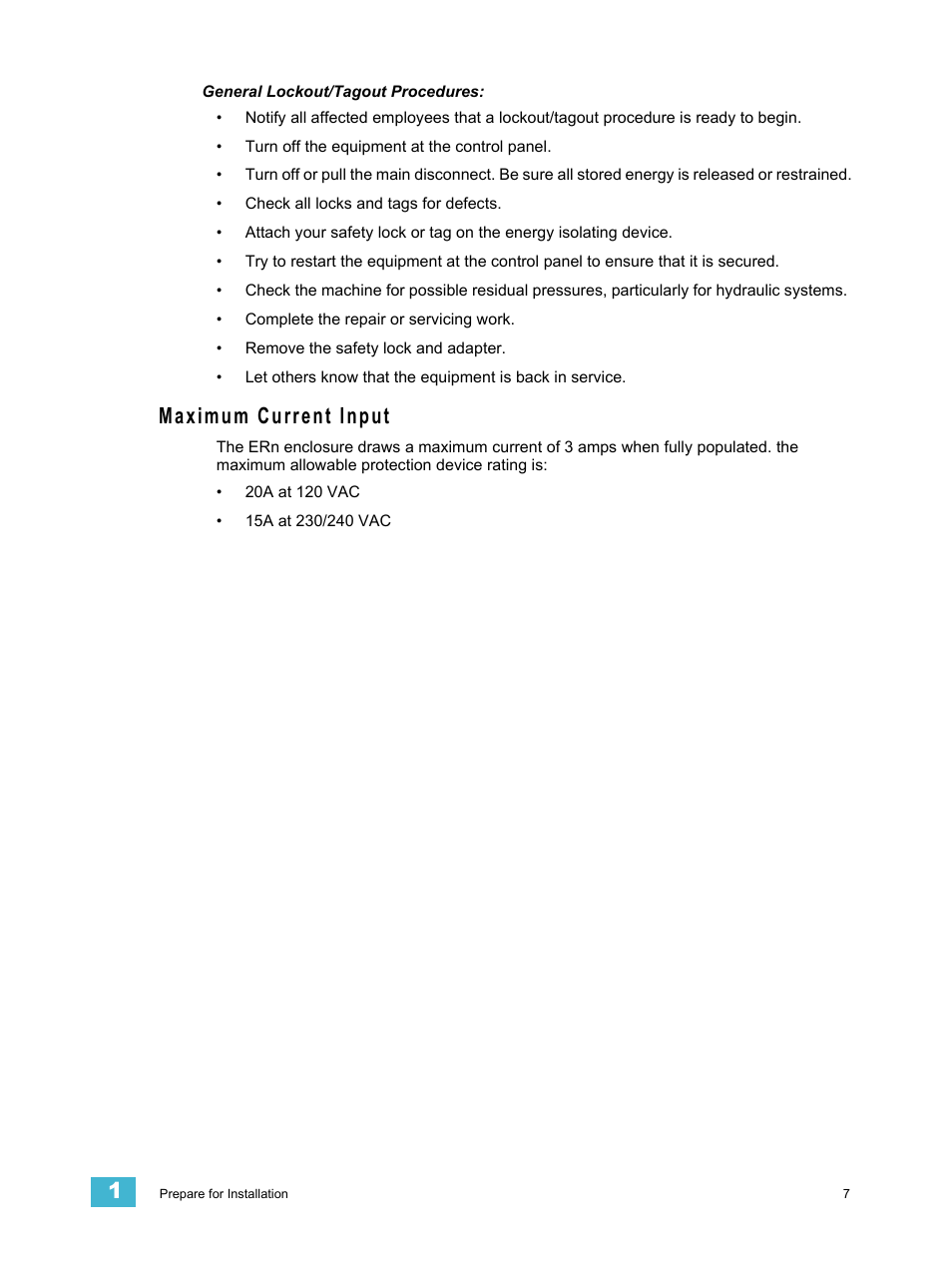 General lockout/tagout procedures, Maximum current input | ETC Unison ERn Wall-mount Control Enclosure User Manual | Page 11 / 44