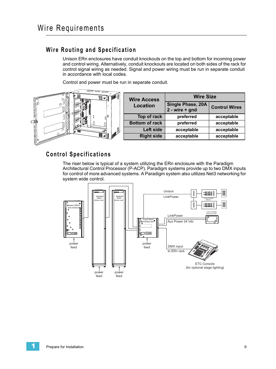Wire requirements, Wire routing and specification, Control specifications | Wire access location wire size | ETC Unison ERn Wall-mount Control Enclosure User Manual | Page 13 / 44