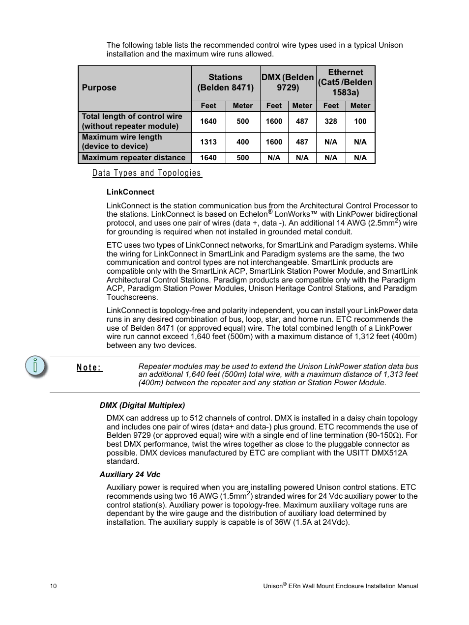 Data types and topologies, Dmx (digital multiplex), Auxiliary 24 vdc | Dmx (digital multiplex) auxiliary 24 vdc, N o t e | ETC Unison ERn Wall-mount Control Enclosure User Manual | Page 14 / 44