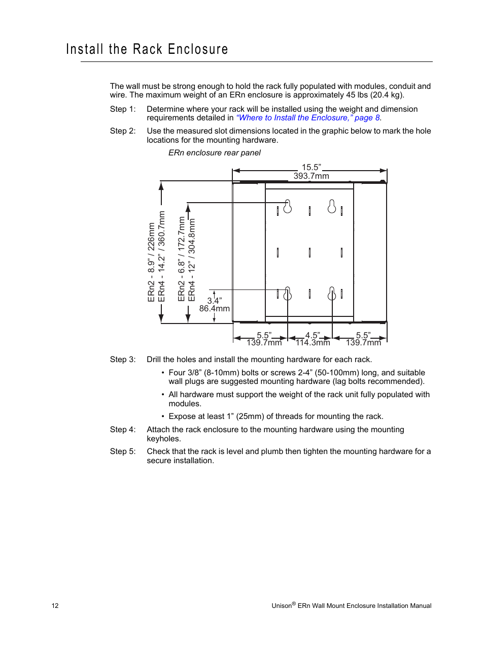 Install the rack enclosure | ETC Unison ERn Wall-mount Control Enclosure User Manual | Page 16 / 44