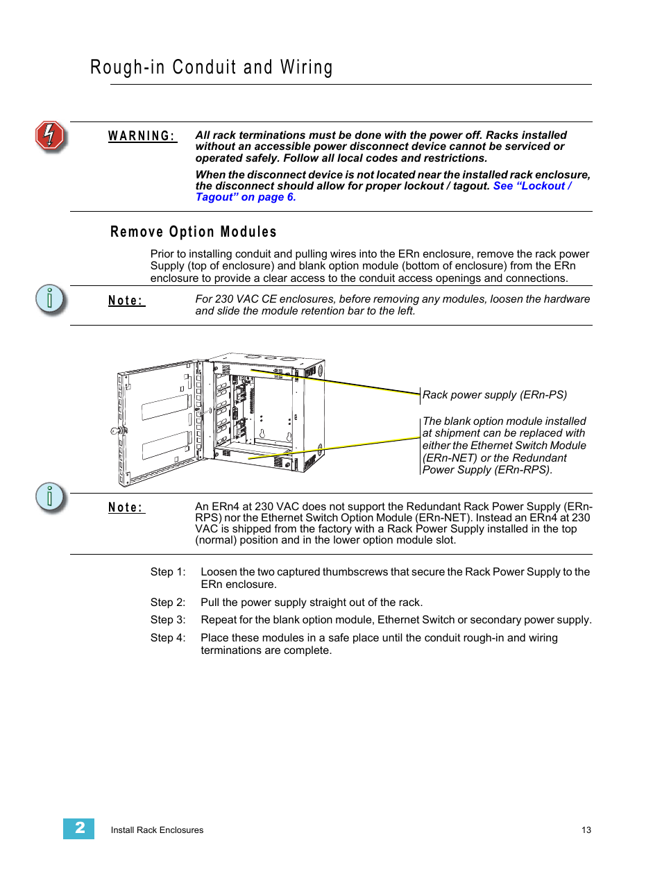 Rough-in conduit and wiring, Remove option modules | ETC Unison ERn Wall-mount Control Enclosure User Manual | Page 17 / 44