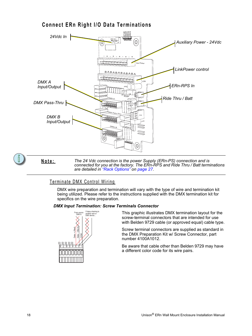 Connect ern right i/o data terminations, Terminate dmx control wiring, Dmx input termination: screw terminals connector | N o t e | ETC Unison ERn Wall-mount Control Enclosure User Manual | Page 22 / 44