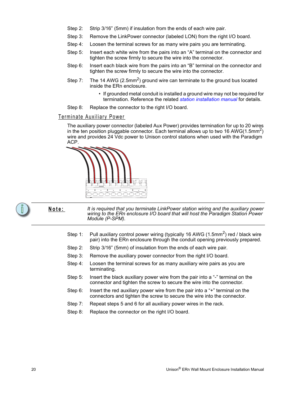 Terminate auxiliary power, N o t e | ETC Unison ERn Wall-mount Control Enclosure User Manual | Page 24 / 44