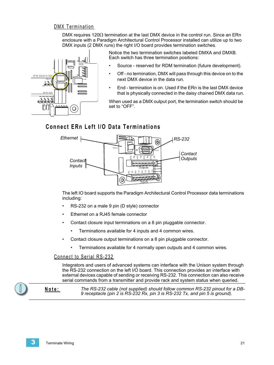 Dmx termination, Connect ern left i/o data terminations, Connect to serial rs-232 | N o t e | ETC Unison ERn Wall-mount Control Enclosure User Manual | Page 25 / 44