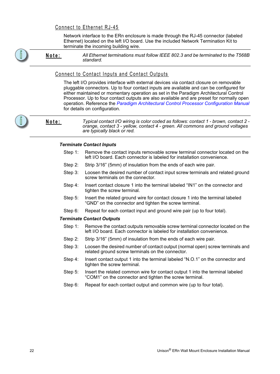 Connect to ethernet rj-45, Connect to contact inputs and contact outputs, Terminate contact inputs | Terminate contact outputs, N o t e | ETC Unison ERn Wall-mount Control Enclosure User Manual | Page 26 / 44