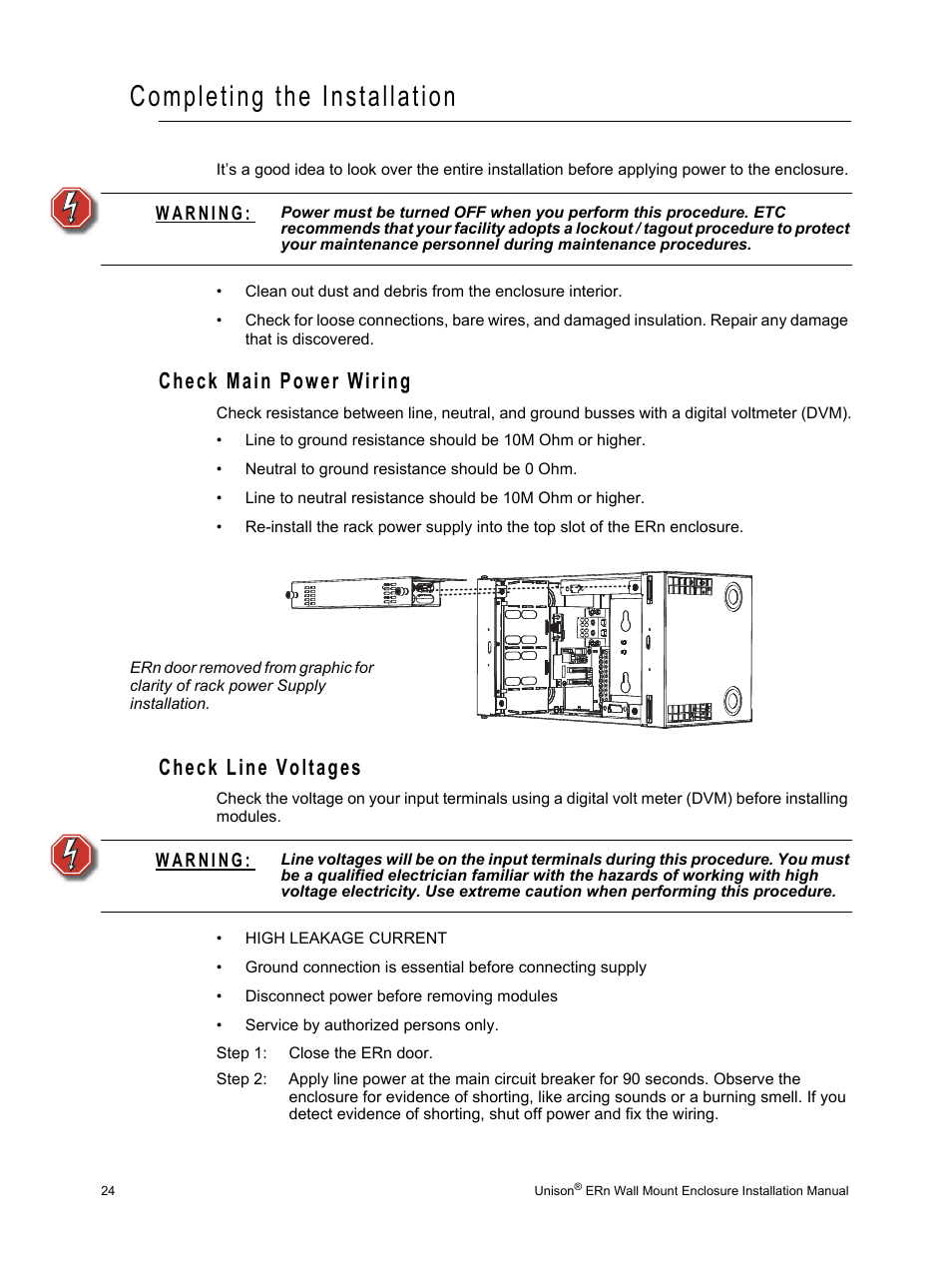 Completing the installation, Check main power wiring, Check line voltages | Check main power wiring check line voltages | ETC Unison ERn Wall-mount Control Enclosure User Manual | Page 28 / 44