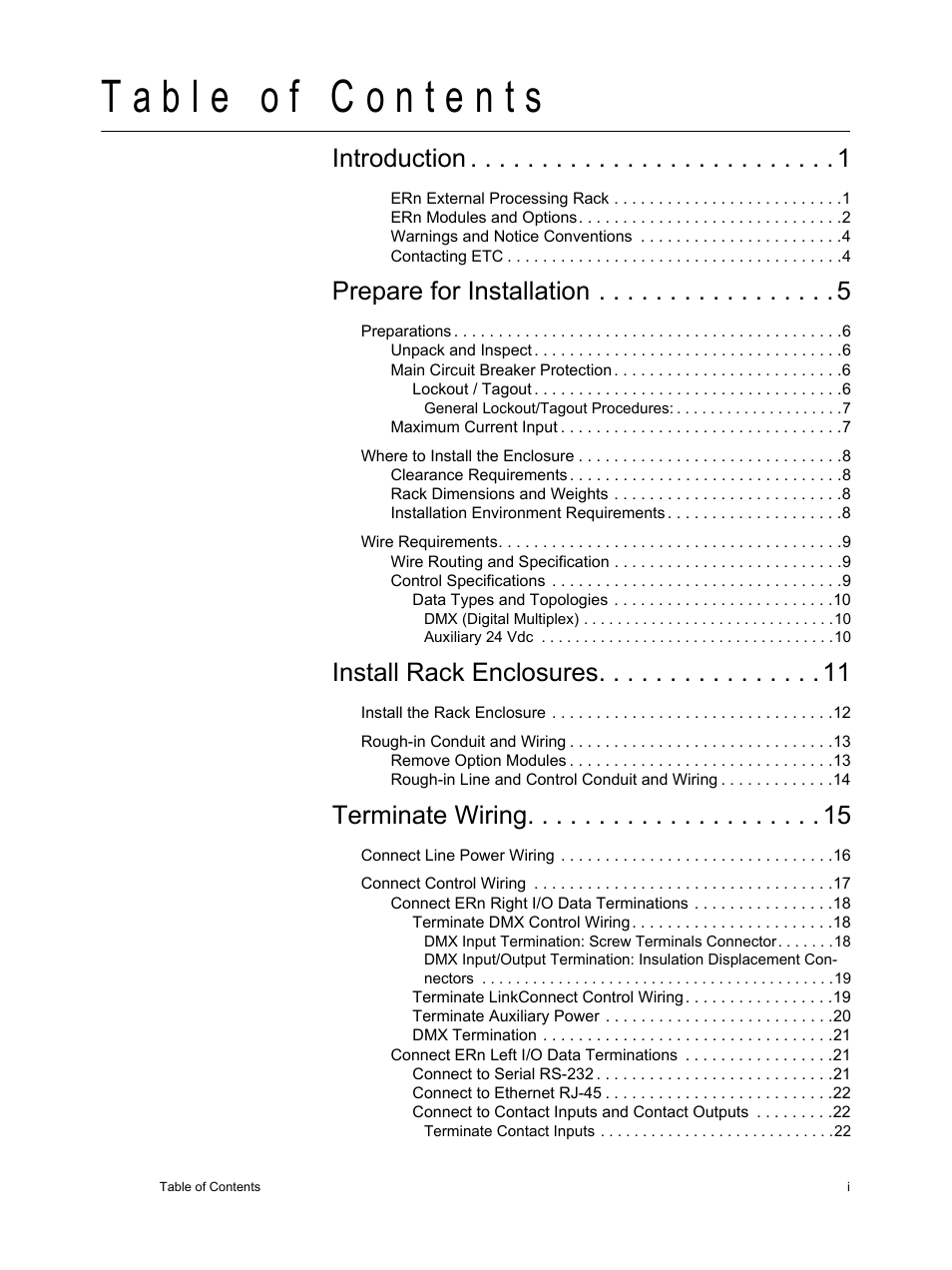 Introduction, Prepare for installation, Install rack enclosures | Terminate wiring | ETC Unison ERn Wall-mount Control Enclosure User Manual | Page 3 / 44