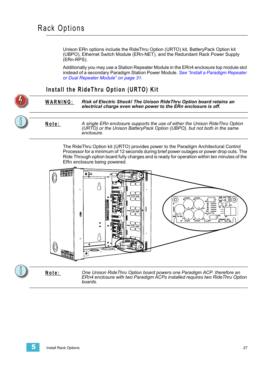 Rack options, Install the ridethru option (urto) kit | ETC Unison ERn Wall-mount Control Enclosure User Manual | Page 31 / 44