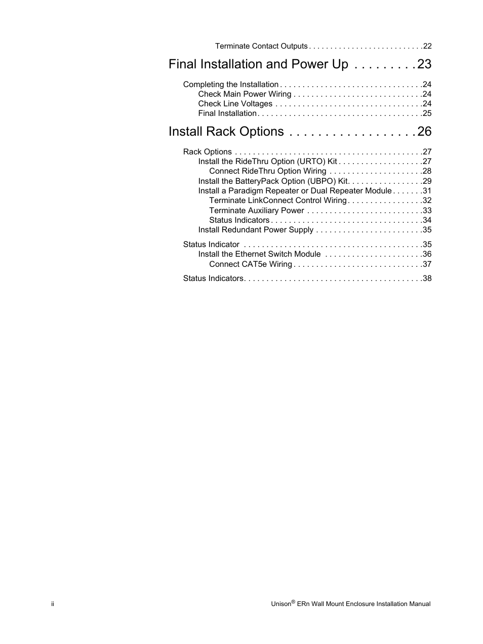 Final installation and power up, Install rack options | ETC Unison ERn Wall-mount Control Enclosure User Manual | Page 4 / 44