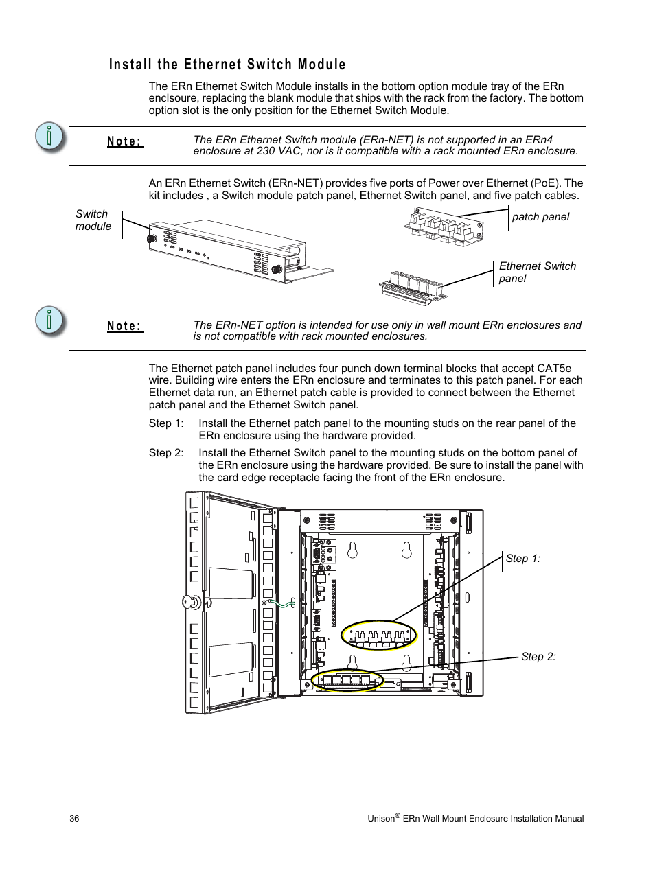 Install the ethernet switch module, N o t e | ETC Unison ERn Wall-mount Control Enclosure User Manual | Page 40 / 44