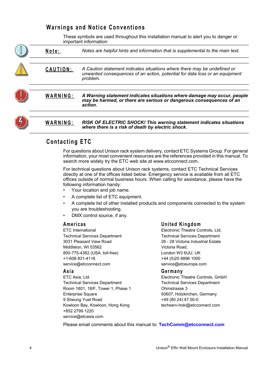 Warnings and notice conventions, Contacting etc, Warnings and notice conventions contacting etc | ETC Unison ERn Wall-mount Control Enclosure User Manual | Page 8 / 44