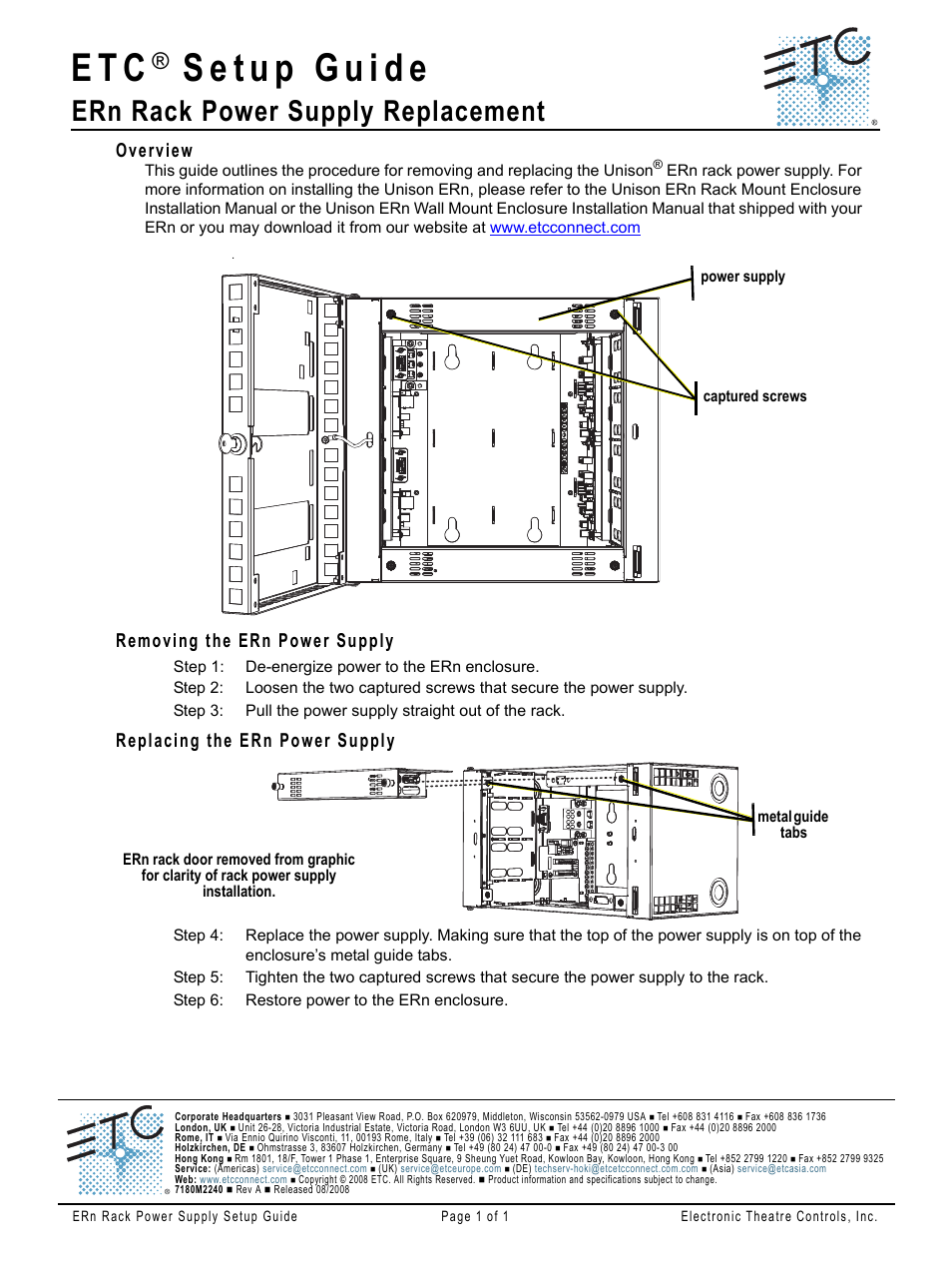 ETC Unison ERn Rack Power Supply User Manual | 1 page