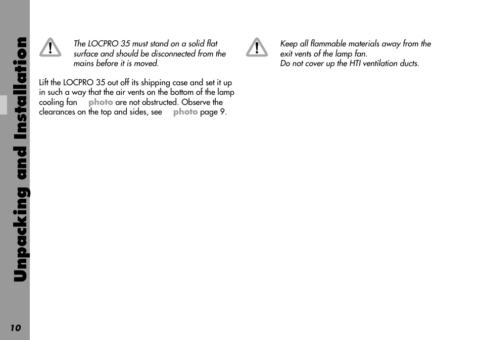 Cooling fan, For cooling, Unpacking and installation | ARRI LOCPRO 35 User Manual | Page 10 / 82