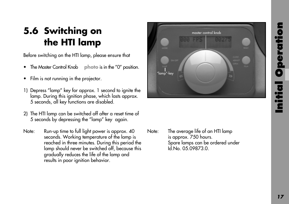 6 switching on the hti lamp, Average life, Ignition | Runup time, Spare lamp, Switching off, Switching on, Working temperature, Hti lamp, Lamp | ARRI LOCPRO 35 User Manual | Page 17 / 82