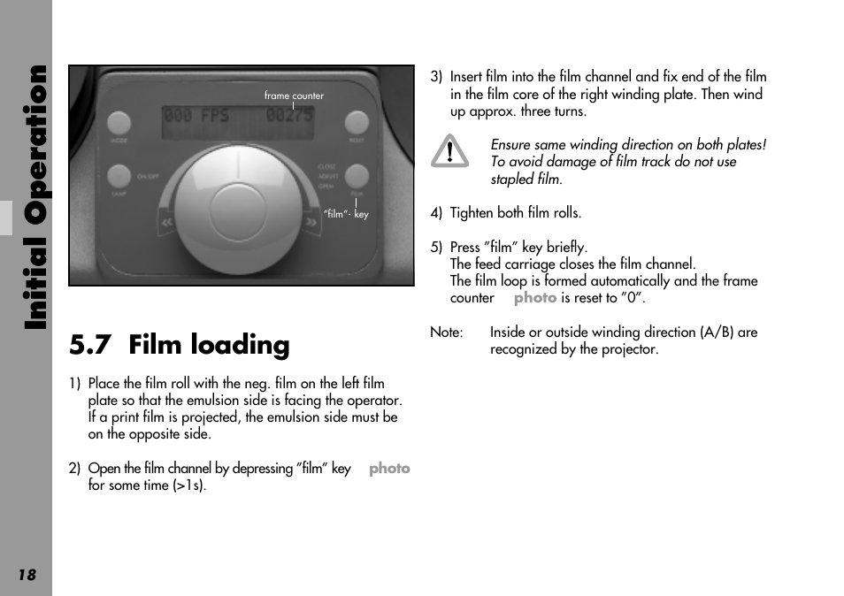 7 film loading, Emulsion side, Feed carriage | Film channel, Film core, Film key, Film loop, Automatic, Film plate, Film rolls | ARRI LOCPRO 35 User Manual | Page 18 / 82