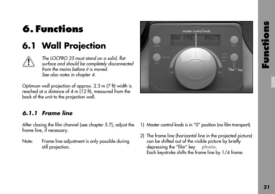 Functions, 1 wall projection, Crossline | Frame line, Master control, Distance, Wall projection | ARRI LOCPRO 35 User Manual | Page 21 / 82