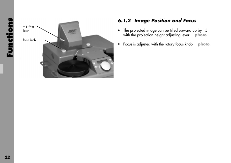 Adjusting lever, Focus, Knob | Image position, Adjusting, Functions | ARRI LOCPRO 35 User Manual | Page 22 / 82