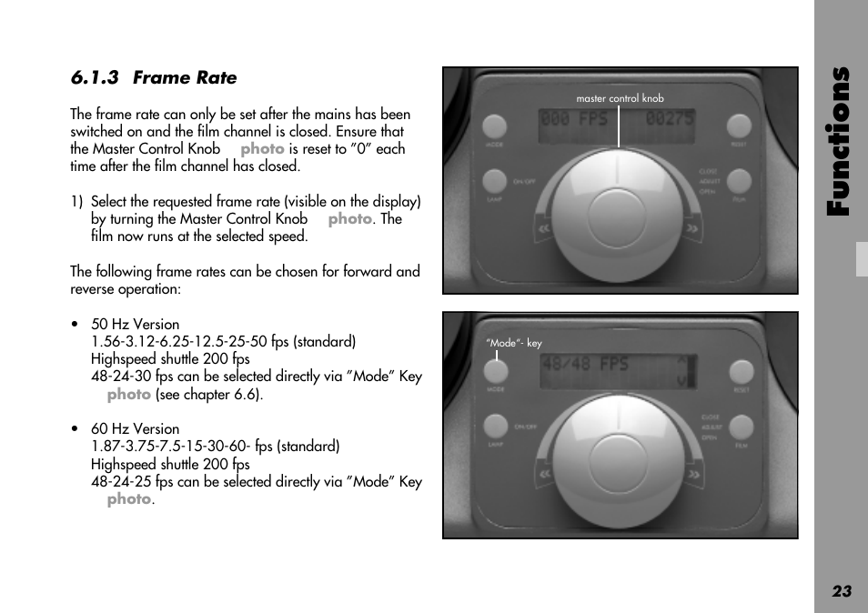 50 hz/60 hz version, Frame rates, Standard 50 hz version | Standard 60 hz version, Highspeed shuttle, Mode, Mode key, Shuttle, Speed, Functions | ARRI LOCPRO 35 User Manual | Page 23 / 82