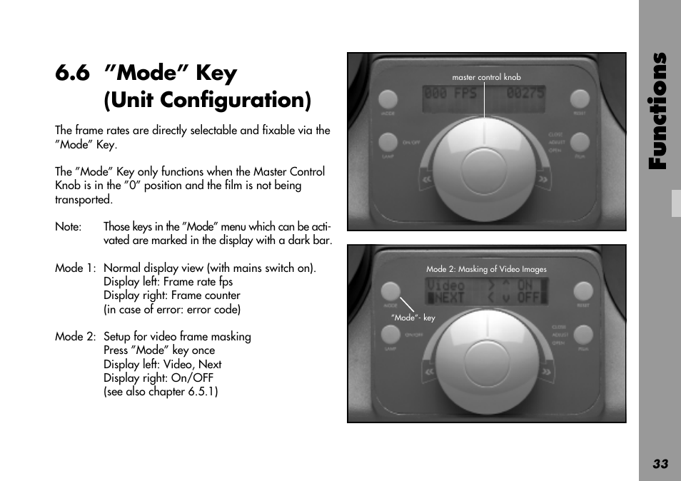 6 ”mode” key (unit configuration), Dark bar, Normal | Fixing, Selecting, Setup, Mode 1, Mode 2, Normal display view, Setup masking | ARRI LOCPRO 35 User Manual | Page 33 / 82