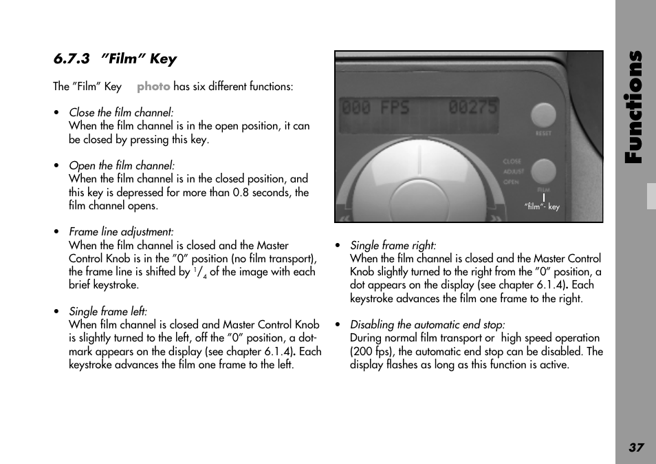 Automatic end stop, Disable automatic, Enable automatic | Close, Open, Frame line adjustment, Single frame left, Single frame right, Functions | ARRI LOCPRO 35 User Manual | Page 37 / 82