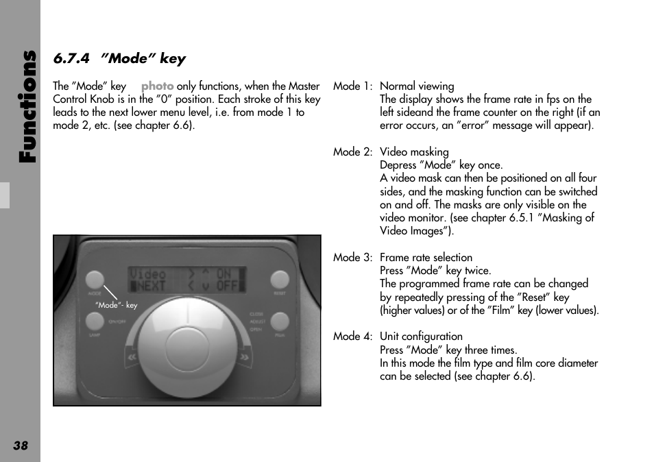Frame rates selection, Video, Normal viewing mode | Unit configuration, Masking, Normal, Functions | ARRI LOCPRO 35 User Manual | Page 38 / 82