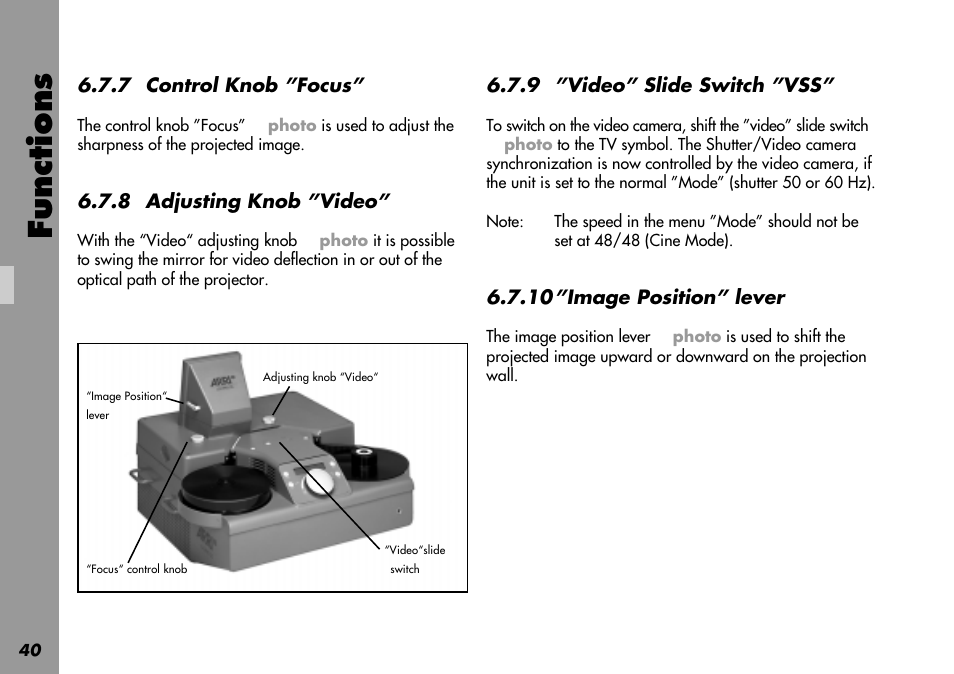 Adjusting knob video, Control knob focus, Lever | Lever image position, Slide switch video, Knob, Infrared remote control, Functions | ARRI LOCPRO 35 User Manual | Page 40 / 82