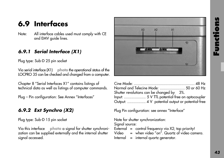 9 interfaces, Ext synchro, Ext. synchro | Serial, Normal mode, Serial interface, Shutter synchronization, Shutter, Functions | ARRI LOCPRO 35 User Manual | Page 43 / 82