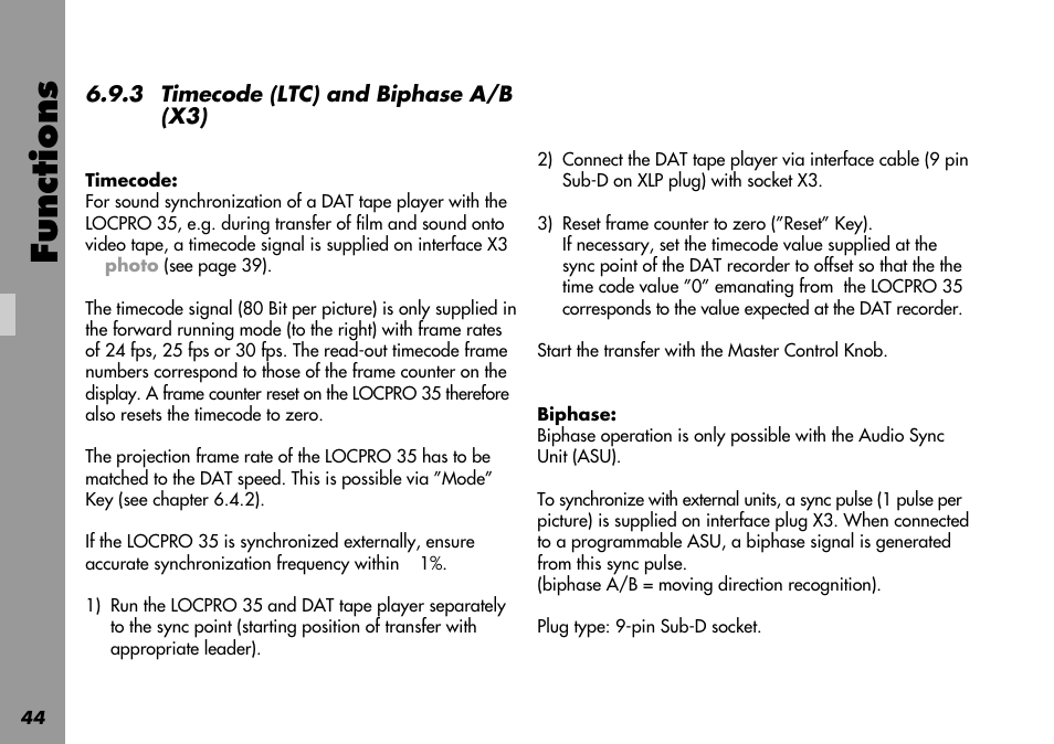 Biphase, Timecode, Signal | Transfer, Starting, Service and maintenance, Functions | ARRI LOCPRO 35 User Manual | Page 44 / 82