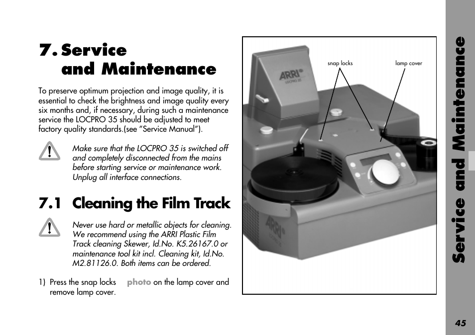 Service and maintenance, 1 cleaning the film track, Film track | Cover, Cleaning the film track, Ser vice and maintenance | ARRI LOCPRO 35 User Manual | Page 45 / 82
