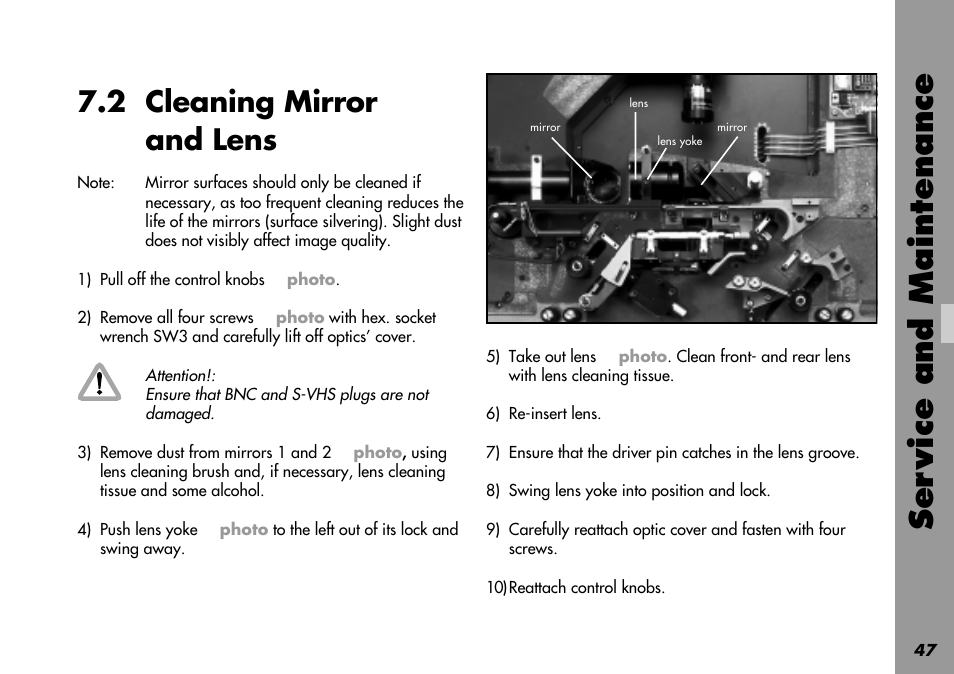 2 cleaning mirror and lens, Lens, Mirror | Dust, Cleaning, Shipping and storage, Ser vice and maintenance | ARRI LOCPRO 35 User Manual | Page 47 / 82