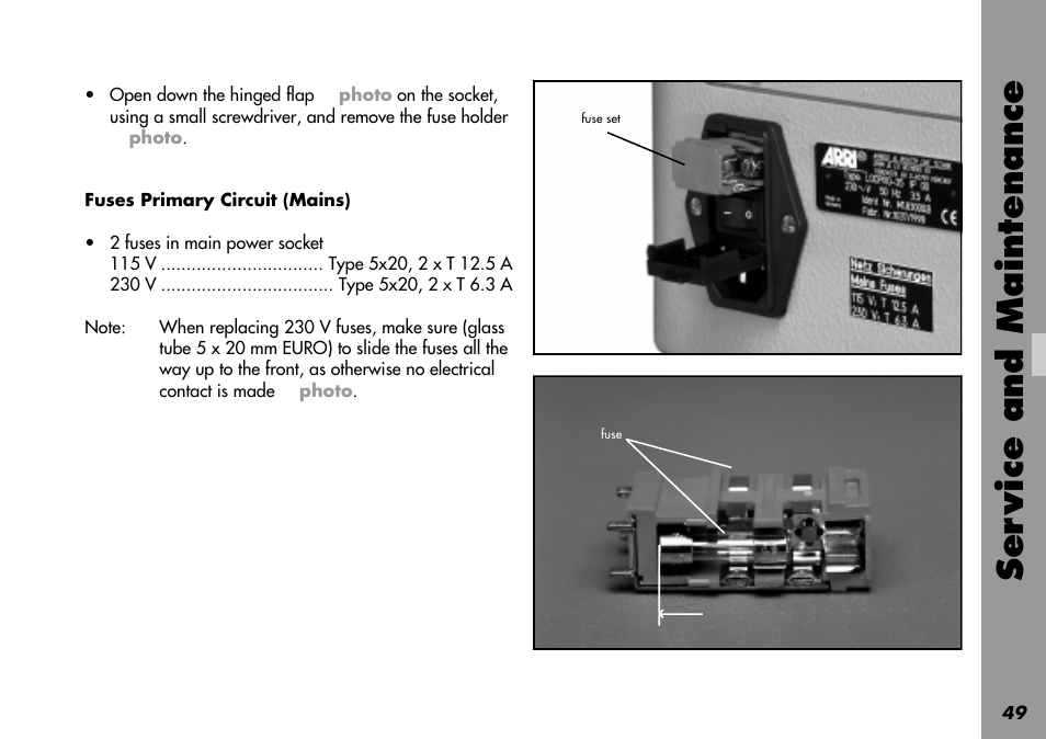 Primary circuit, Fuses primary circuit, Technical data | Ser vice and maintenance | ARRI LOCPRO 35 User Manual | Page 49 / 82