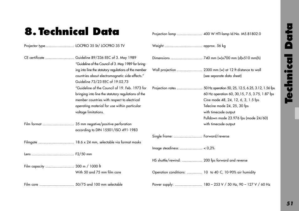 Technical data, Ce certificate, Dimensions | Film capacity, Diameters, Film format, Filmgate, Hti lamp, Image steadiness, Lamp | ARRI LOCPRO 35 User Manual | Page 51 / 82