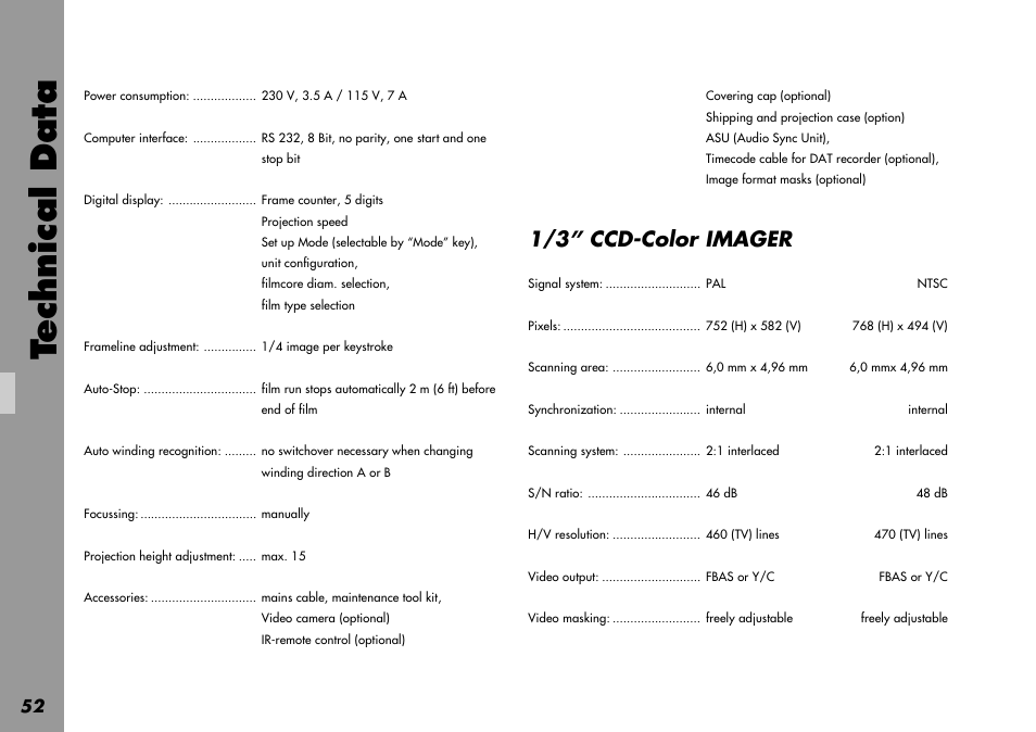 Accessories, Ccd-color imager, Ccd-video camera | Interface, Display, Focussing, Frameline adjustment, H/v resolution, Output video, Pixels | ARRI LOCPRO 35 User Manual | Page 52 / 82