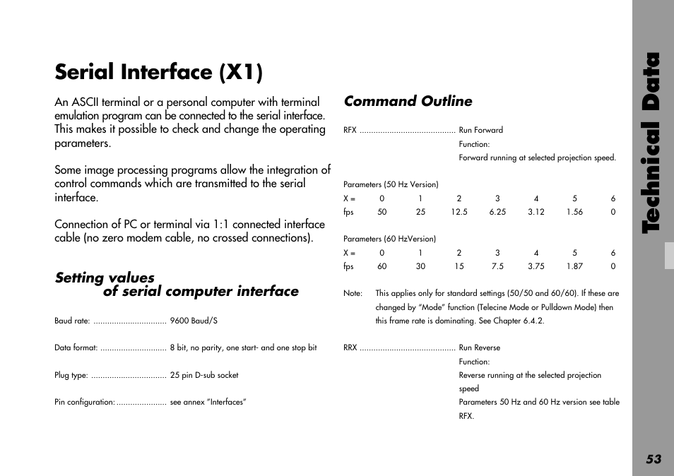 Serial interface (x1), Baud rate, Command outline | Control commands integrating, Data format, Integration of control commands, Parameter, Pc connection, Setting values, Technical data | ARRI LOCPRO 35 User Manual | Page 53 / 82