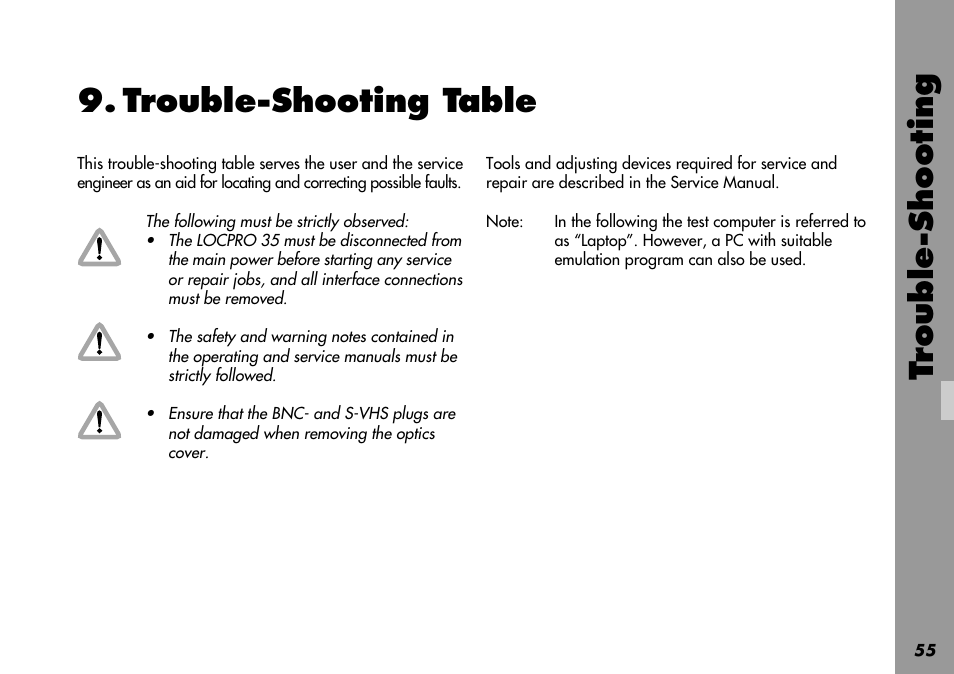 Trouble-shooting table, Trouble-shooting, Trouble-shooting table t rouble-shooting | ARRI LOCPRO 35 User Manual | Page 55 / 82