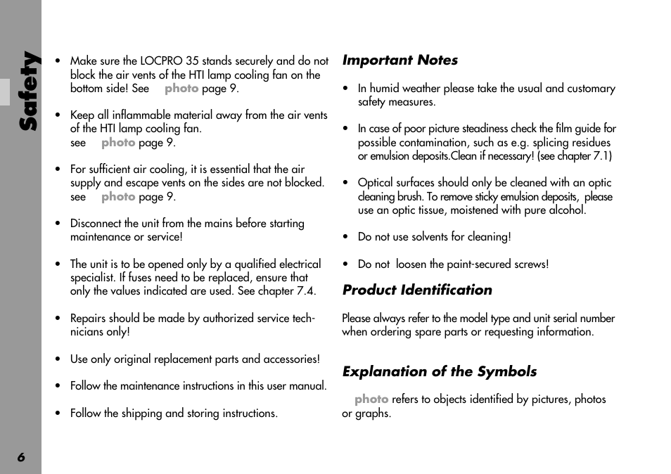 Optical surfaces, Contamination, Deposits | Emulsion deposits, Glue residues, Notes, important, Picture steadiness, poor, Product identification, Residues, Paint secured | ARRI LOCPRO 35 User Manual | Page 6 / 82