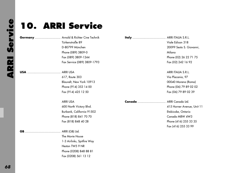 Arri service, Arri service workshops, Service | Index, Annex interfaces, Service instructions, Arri ser vice | ARRI LOCPRO 35 User Manual | Page 68 / 82