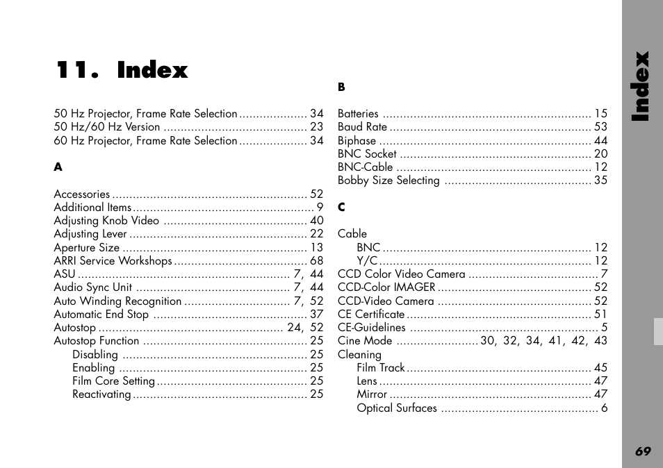 Index, Cable, Cleaning | Index index | ARRI LOCPRO 35 User Manual | Page 69 / 82