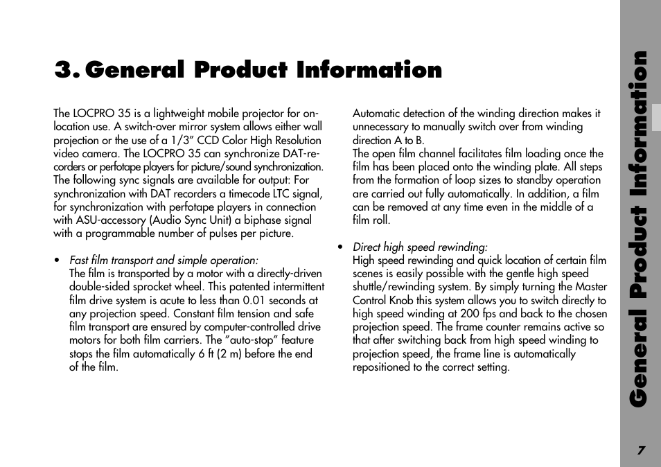 General product information, Audio sync unit, Auto winding recognition | Ccd color video camera, Fast film transport, Rewinding high speed, Sync signals, Synchronization, Dat-recorder, Perfotape player | ARRI LOCPRO 35 User Manual | Page 7 / 82