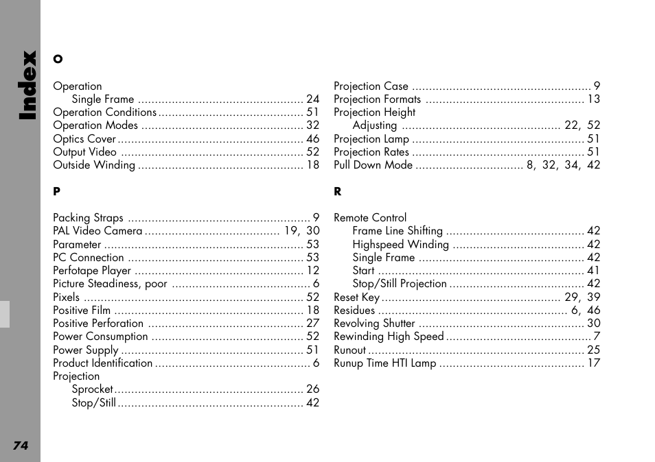 Operation, Projection, Projection height | Remote control, Index | ARRI LOCPRO 35 User Manual | Page 74 / 82