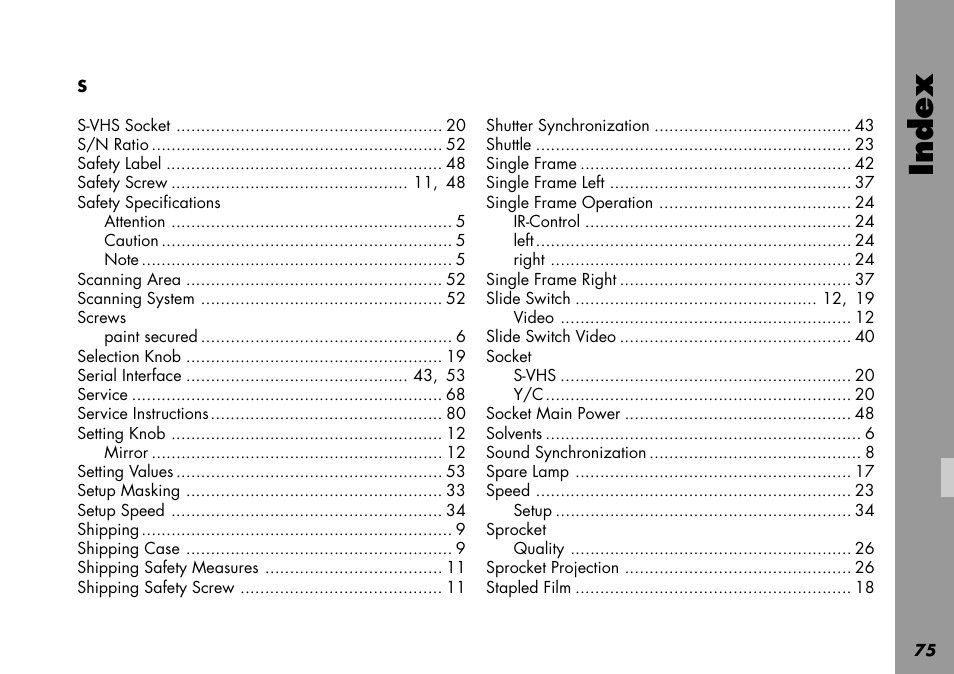 Safety specifications, Screws, Socket | Sprocket, Index | ARRI LOCPRO 35 User Manual | Page 75 / 82