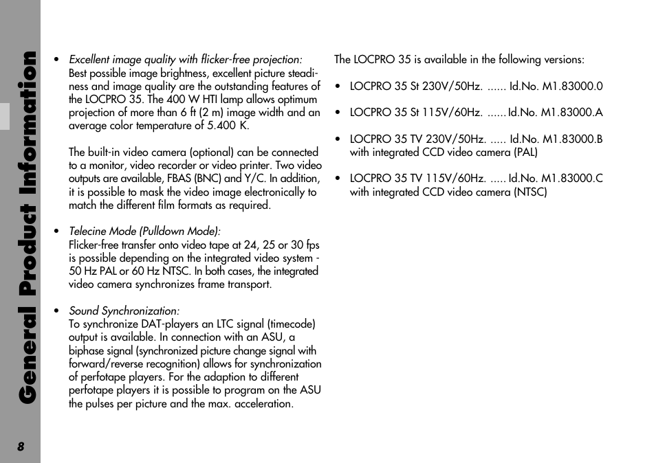 Color temperature, Pull down mode, Sound synchronization | Telecine mode, Versions of locpro 35, General product infor mation | ARRI LOCPRO 35 User Manual | Page 8 / 82