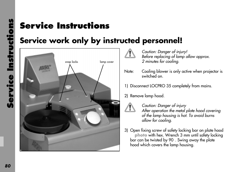 Replacing, Service instructions, Ser vice instr uctions | Service work only by instructed personnel | ARRI LOCPRO 35 User Manual | Page 80 / 82