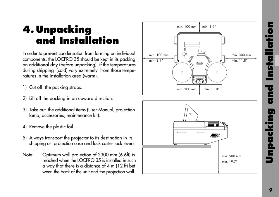 Unpacking and installation, Additional items, For wall projection | Installation, Packing straps, Projection case, Shipping, Shipping case, Temperature, differents, Unpacking | ARRI LOCPRO 35 User Manual | Page 9 / 82