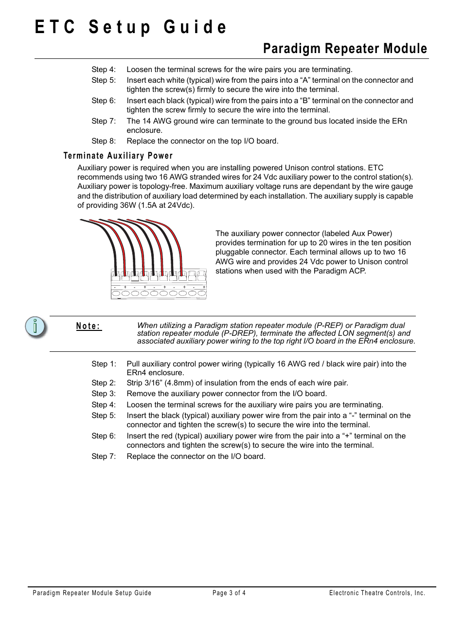 Heading2 - terminate auxiliary power, Paradigm repeater module | ETC Unison Paradigm Repeater Module User Manual | Page 3 / 4