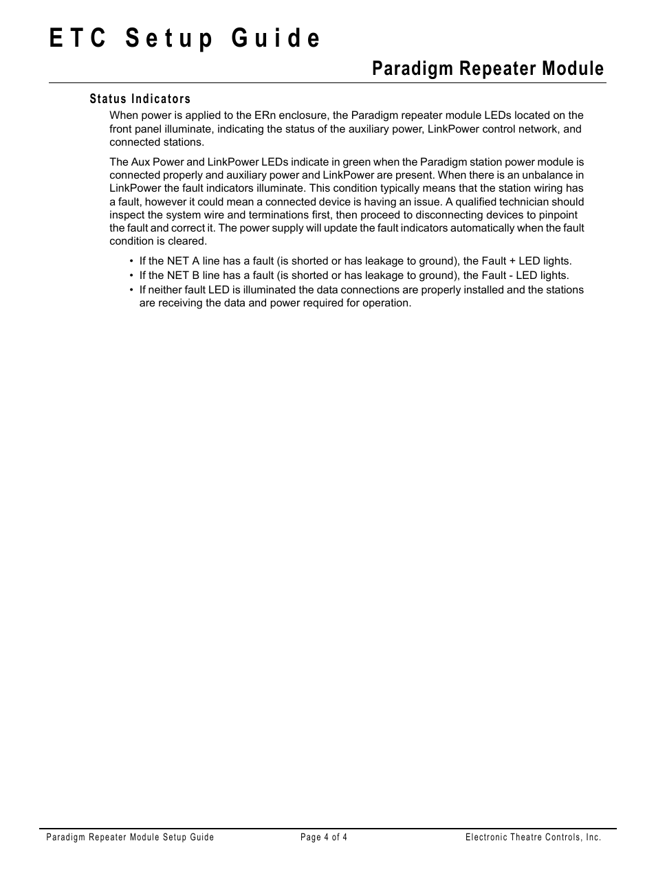 Heading2 - status indicators, Paradigm repeater module | ETC Unison Paradigm Repeater Module User Manual | Page 4 / 4