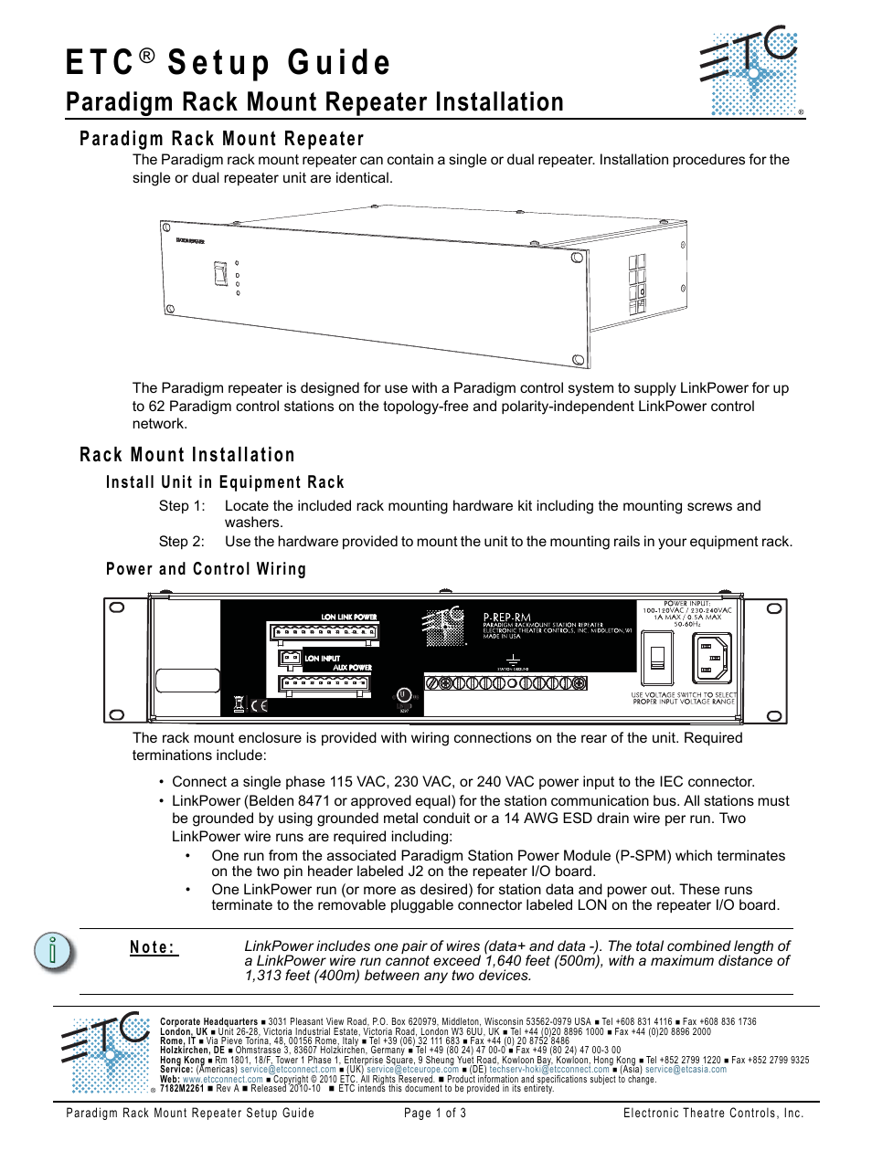 ETC Unison Paradigm Repeater Rack Mount User Manual | 3 pages