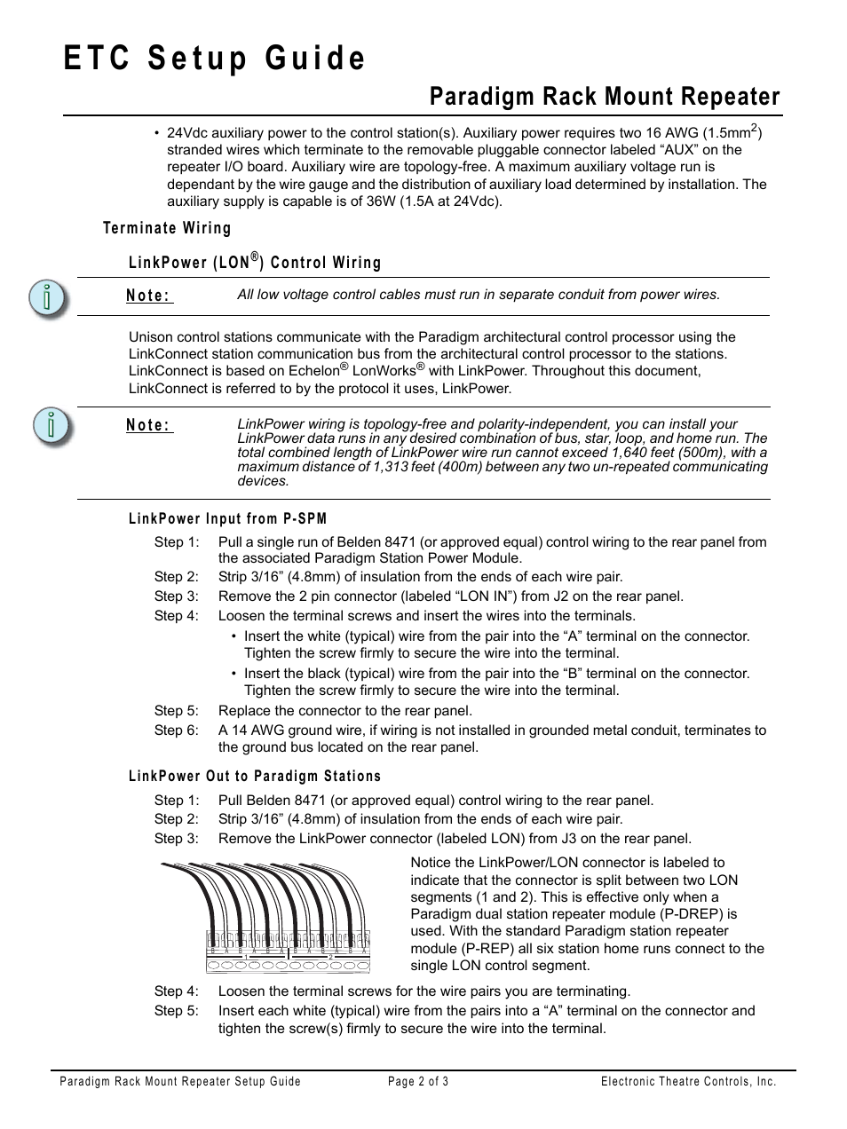 Terminate wiring, Linkpower (lon®) control wiring, Linkpower input from p-spm | Linkpower out to paradigm stations, Paradigm rack mount repeater, Terminate wiring linkpower (lon, Control wiring, N o t e | ETC Unison Paradigm Repeater Rack Mount User Manual | Page 2 / 3